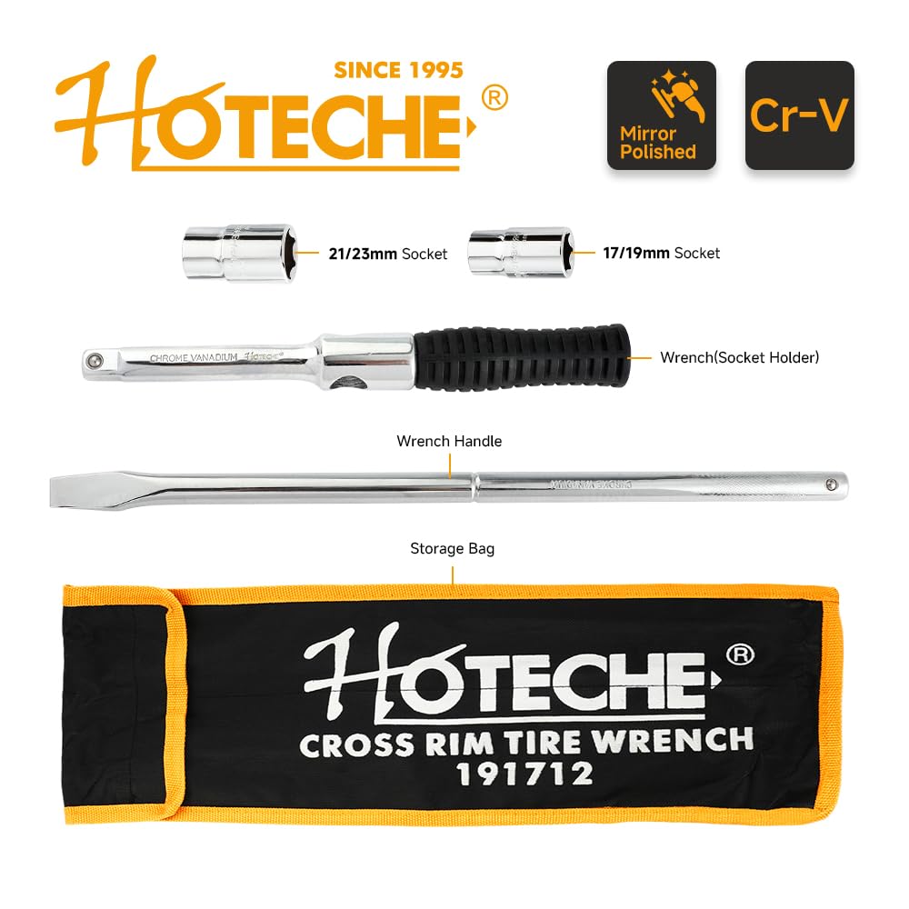 Hoteche Llave combinada para tuercas de rueda, llave cruzada – Varilla CRV, acero al cromo vanadio, 17 x 19 y 21 x 23 tuercas, incluye bolsa de tela Oxford 600D, herramienta profesional de cruz para