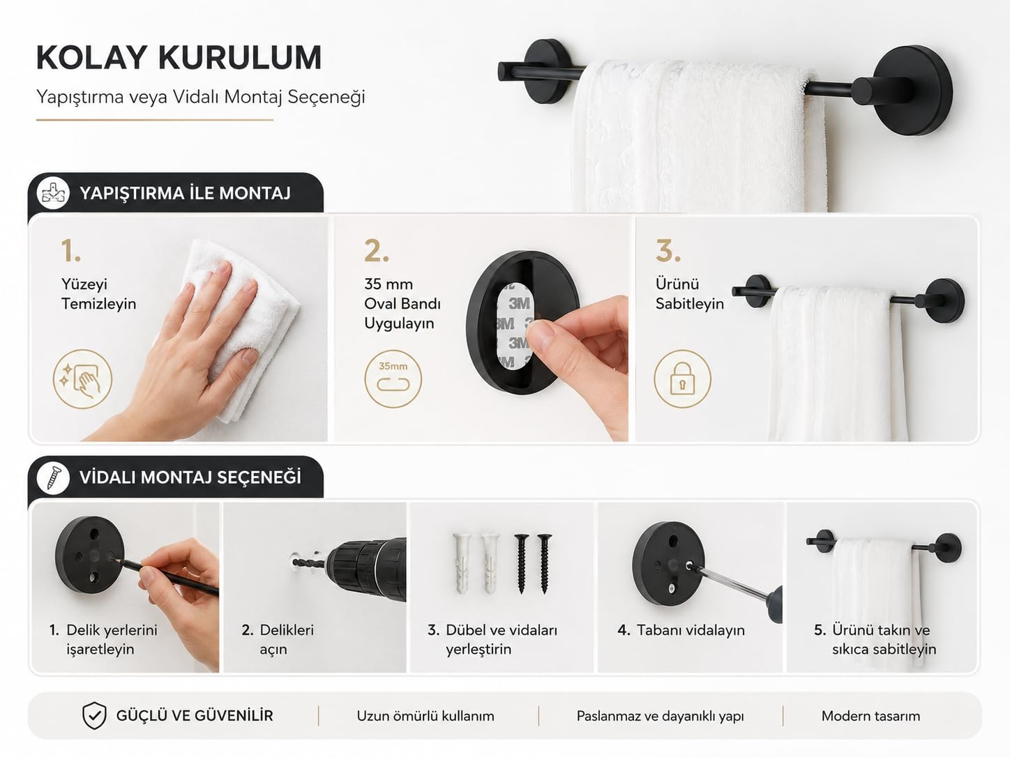 Lotus Siyah Uzun Havluluk, Yapışkanlı ve Vidalı Montajlı Havlu Askısı, Mat Siyah Statik Boyama, 35 mm Oval Bantlı Banyo Havlu Tutucu