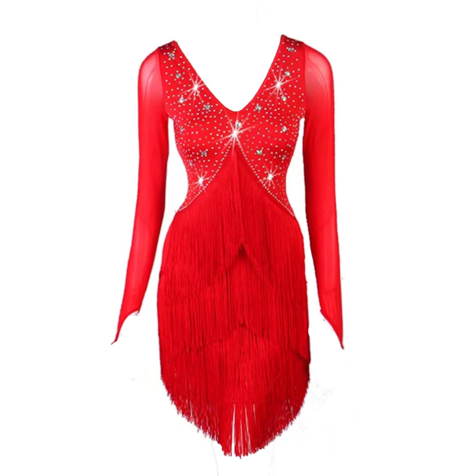 Abiti Latini Professionali per Le Donne Ballo da Sala Performance Costume Frangia Cha Cha Salsa Competizione Dancewear,Rosso,M