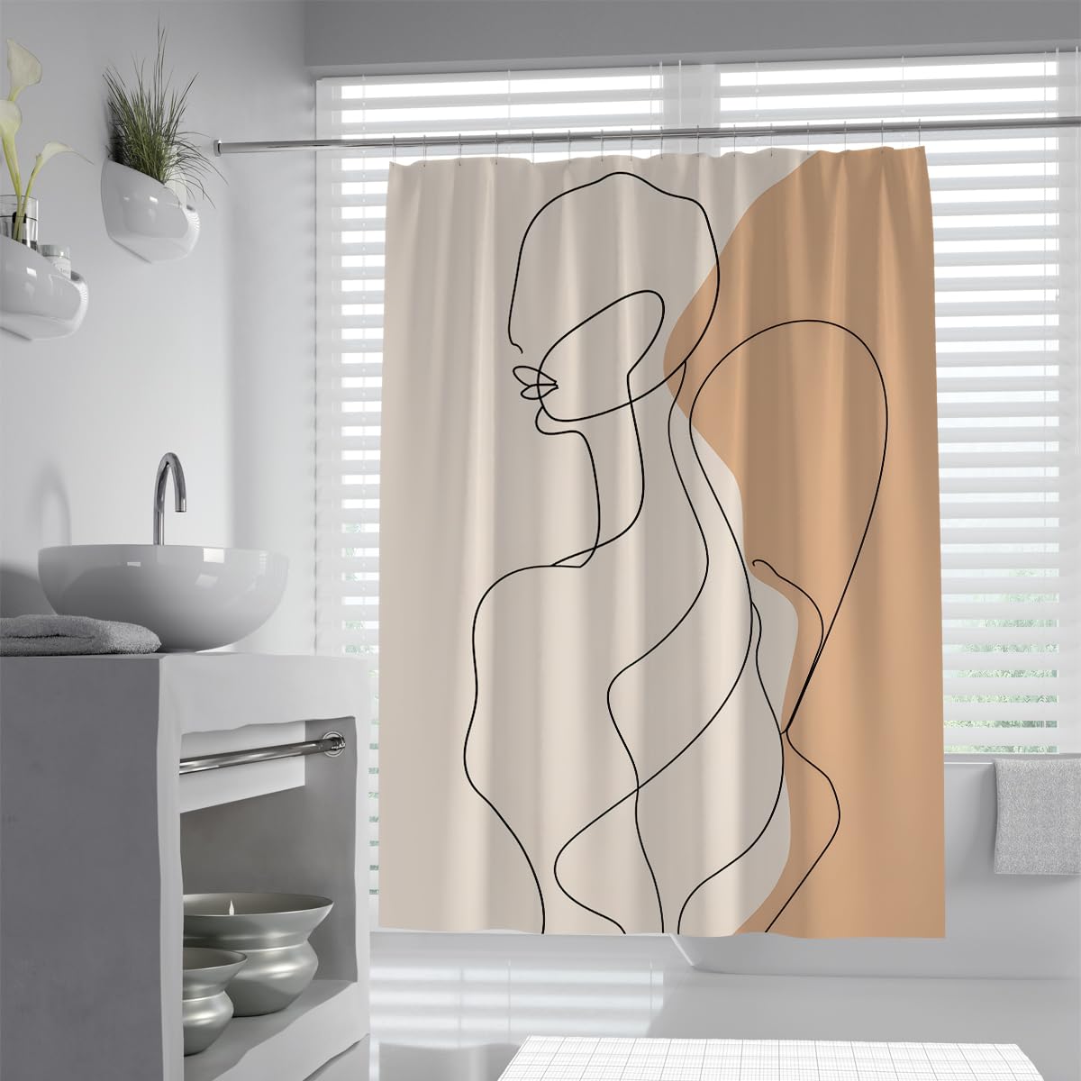 UIRINGART Beige Abstract Woman Line Art Shower Curtains W180xL220cm Modern Minimalist Waterproof Mildew Resistant Bathroom Curtain Decor With Hook