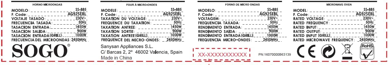 SOGO SS-885 Microwave Oven rating label
