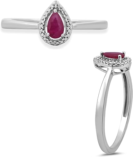 Jewelili Anillo de compromiso de plata de ley de 0.197 x 0.118 in, rubí y diamante redondo blanco natural, con halo de lágrima