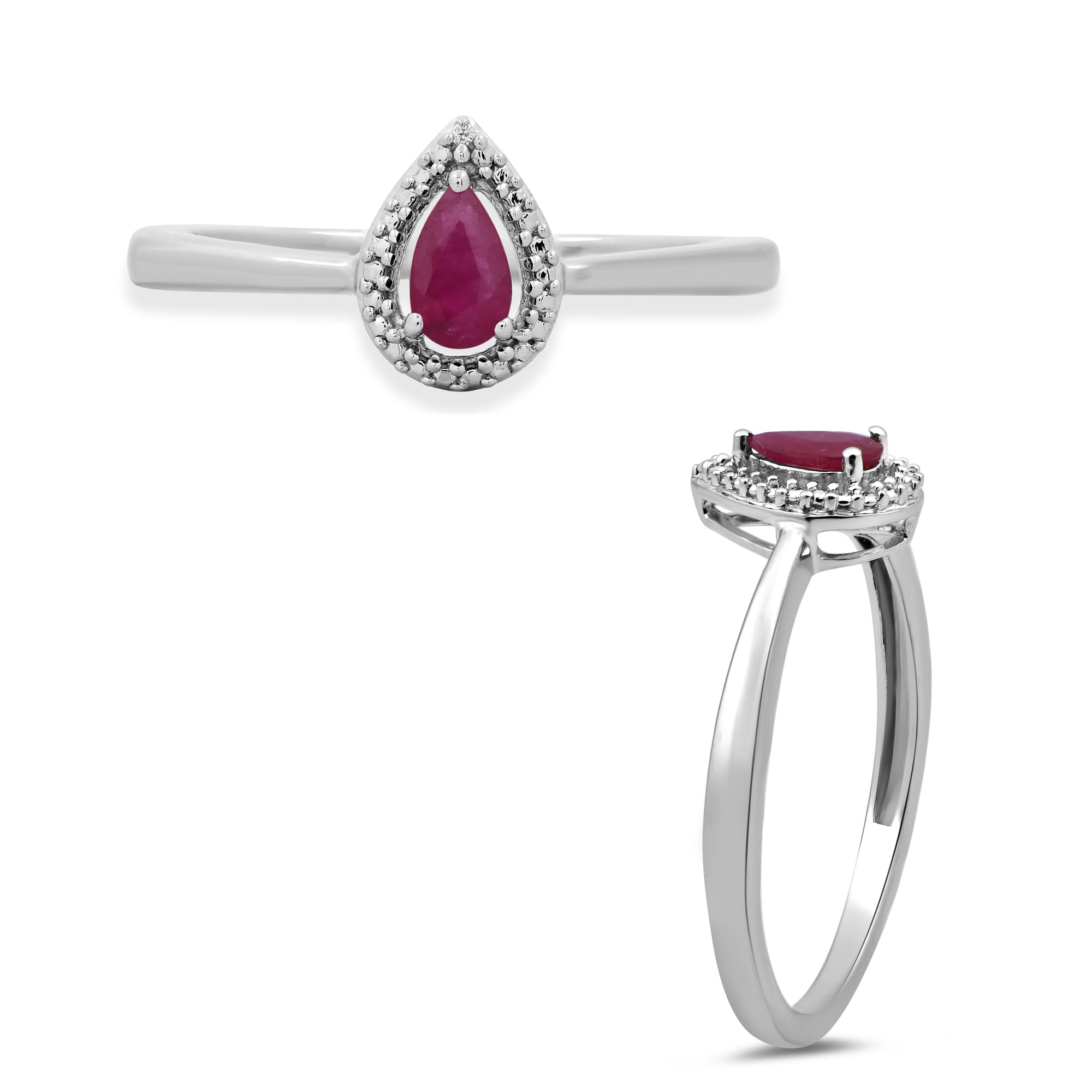 Jewelili Anillo de compromiso de plata de ley de 0.197 x 0.118 in, rubí y diamante redondo blanco natural, con halo de lágrima