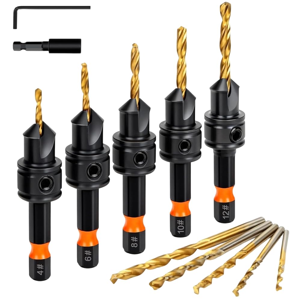 Jnchdghwa As Shown Countersink Drill Bit Set With Adjustable Depth, 12Pcs For Wood, Includes Titanium Coated Hex Shank
