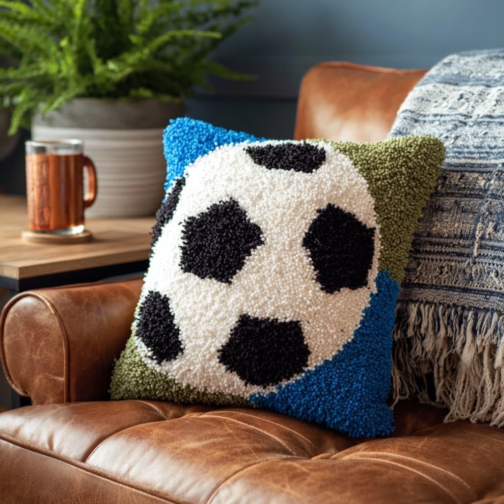 Taxpy DIY Latch Hook Pillow Kit Pre-Printed Hook and Latch Rug Kits Soccer 17X17 Inch.Cross-Stitch Embroidery Cushion Cover for Home Sofa Decoration