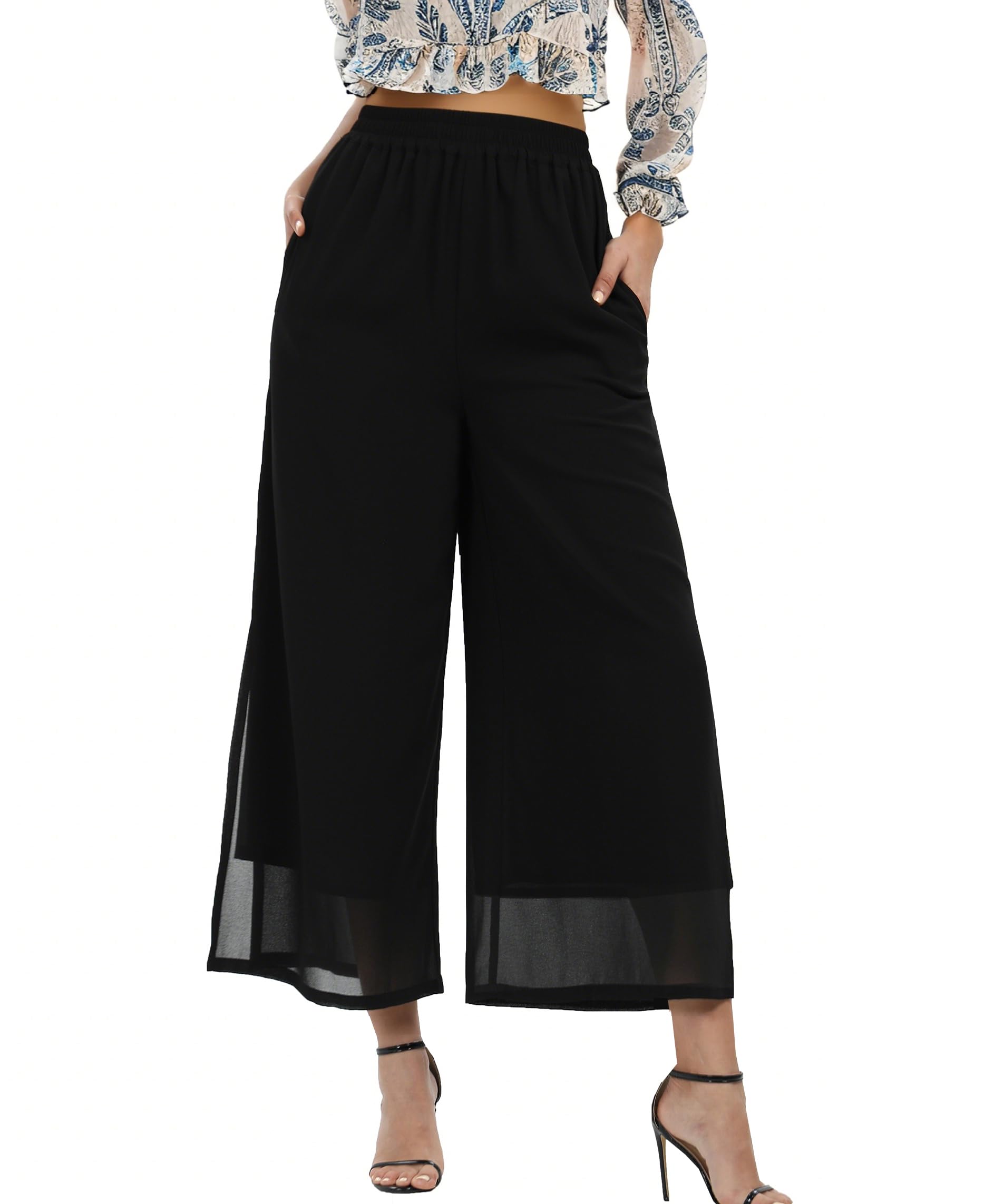 zsangbee Womens Chiffon Wide Leg Palazzo Pants Slit Capris Summer Boho Casual Dress Beach Vacation Party Wedding Outfits