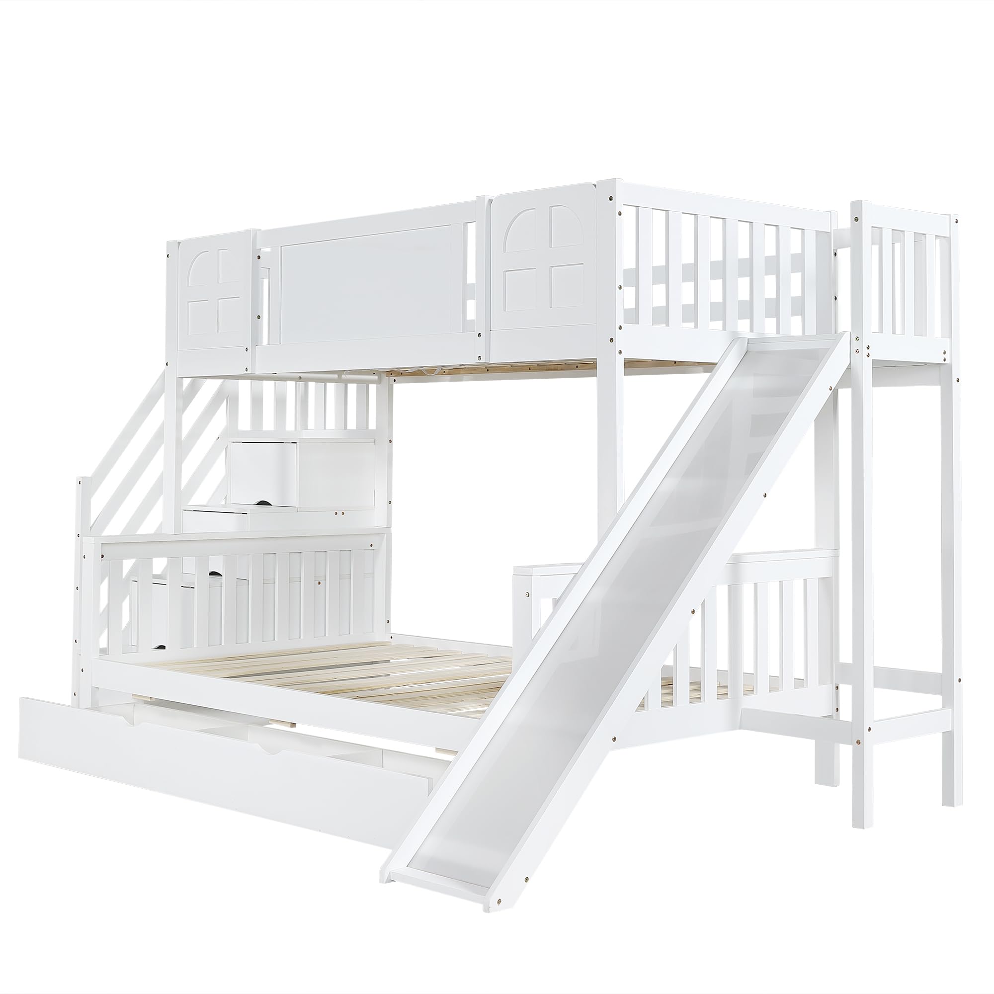 Etagenbett, Kinderbett Mit Fenster, Schubladen mit Rollen, Treppen mit Handlauf