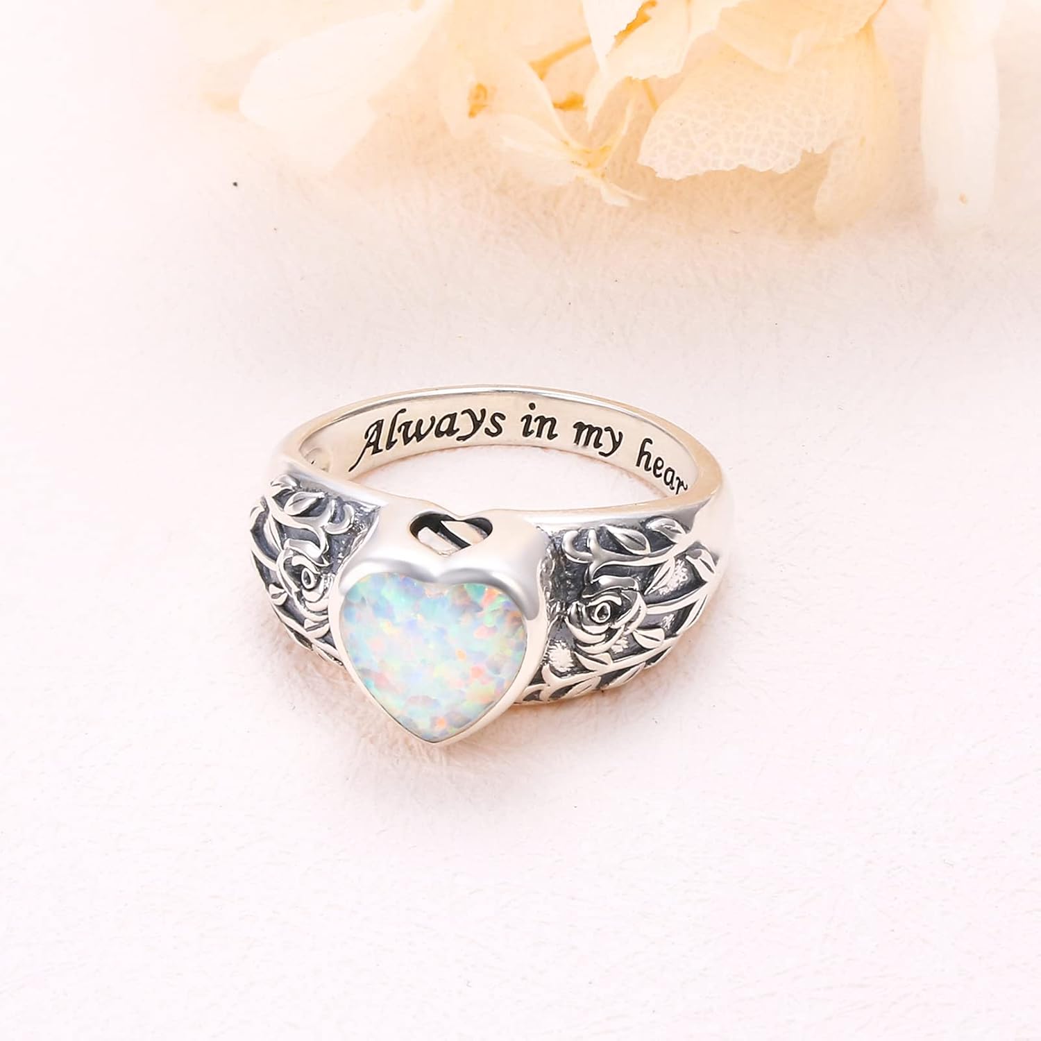 Heart Opal Sunflower Roseflower Tree of Life Urn Ring for Ashes 925 Sterling Silver Cremation Jewelry Ashes Keepsake Ring for Women Memorial Jewelry Bereavement Ring Size 5-10 - Image 3