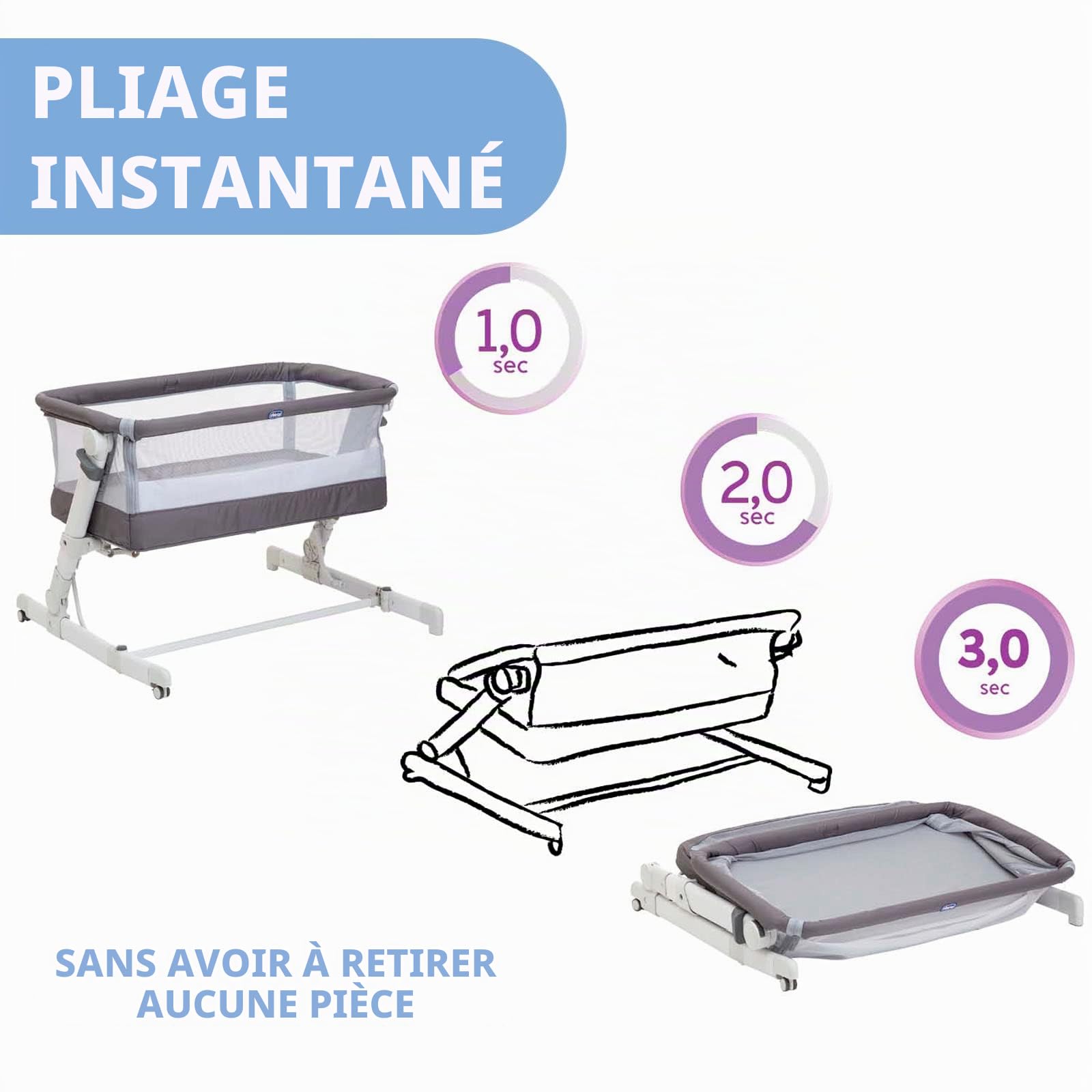 Chicco, Next2Me Pop Up Grey Mist Cododo, Lit d'Appoint pour Bébé, Hauteur Réglable, Inclinable, Facile à Installer et Transporter, Sac de Voyage Inclus, 6 Mois-9 kg, Atmosphere