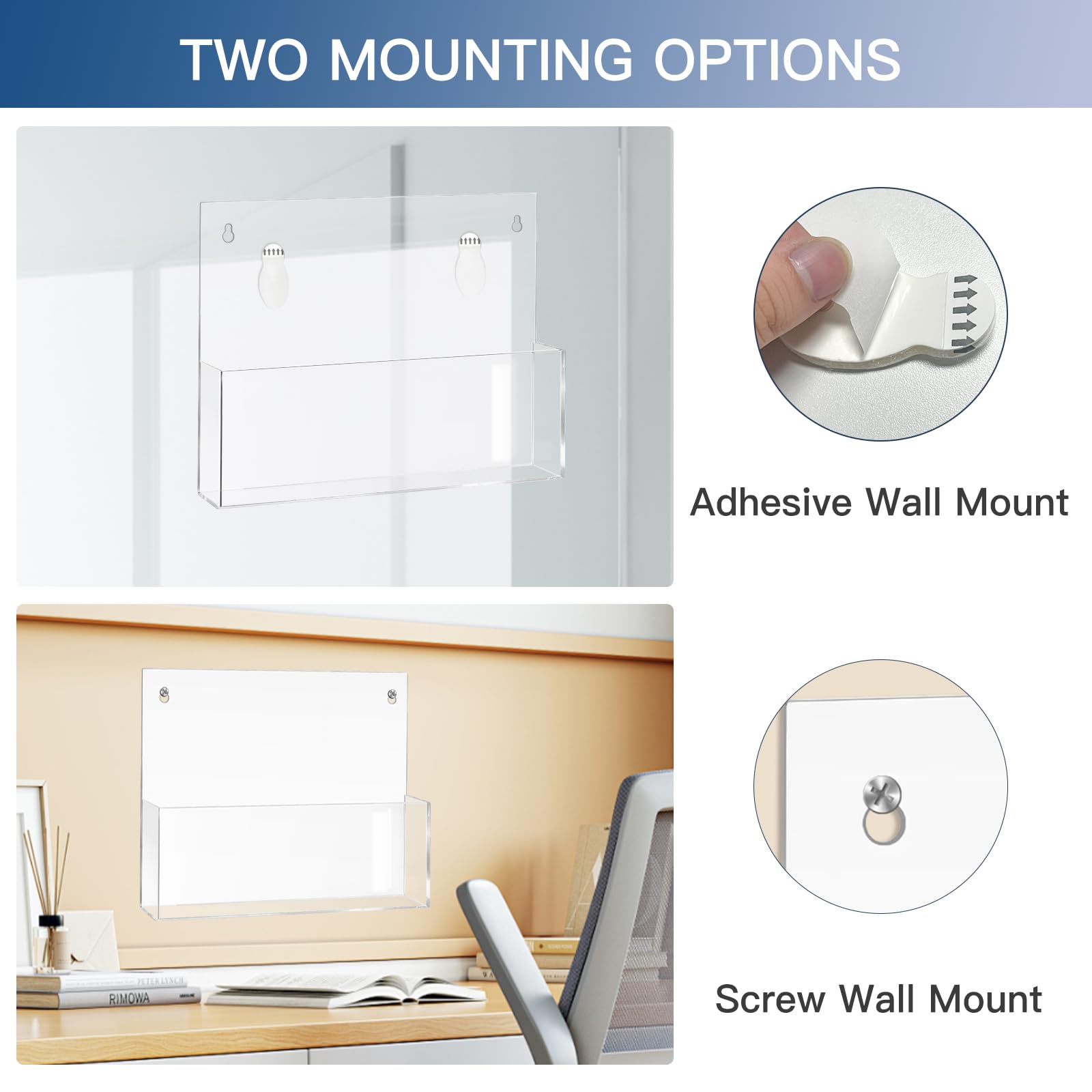 JUESHA Soporte de pared acrílico para archivos, paquete de 2 organizadores de papel para colgar, autoadhesivos, soporte de correo para carpetas de cartas, folletos de vinilo
