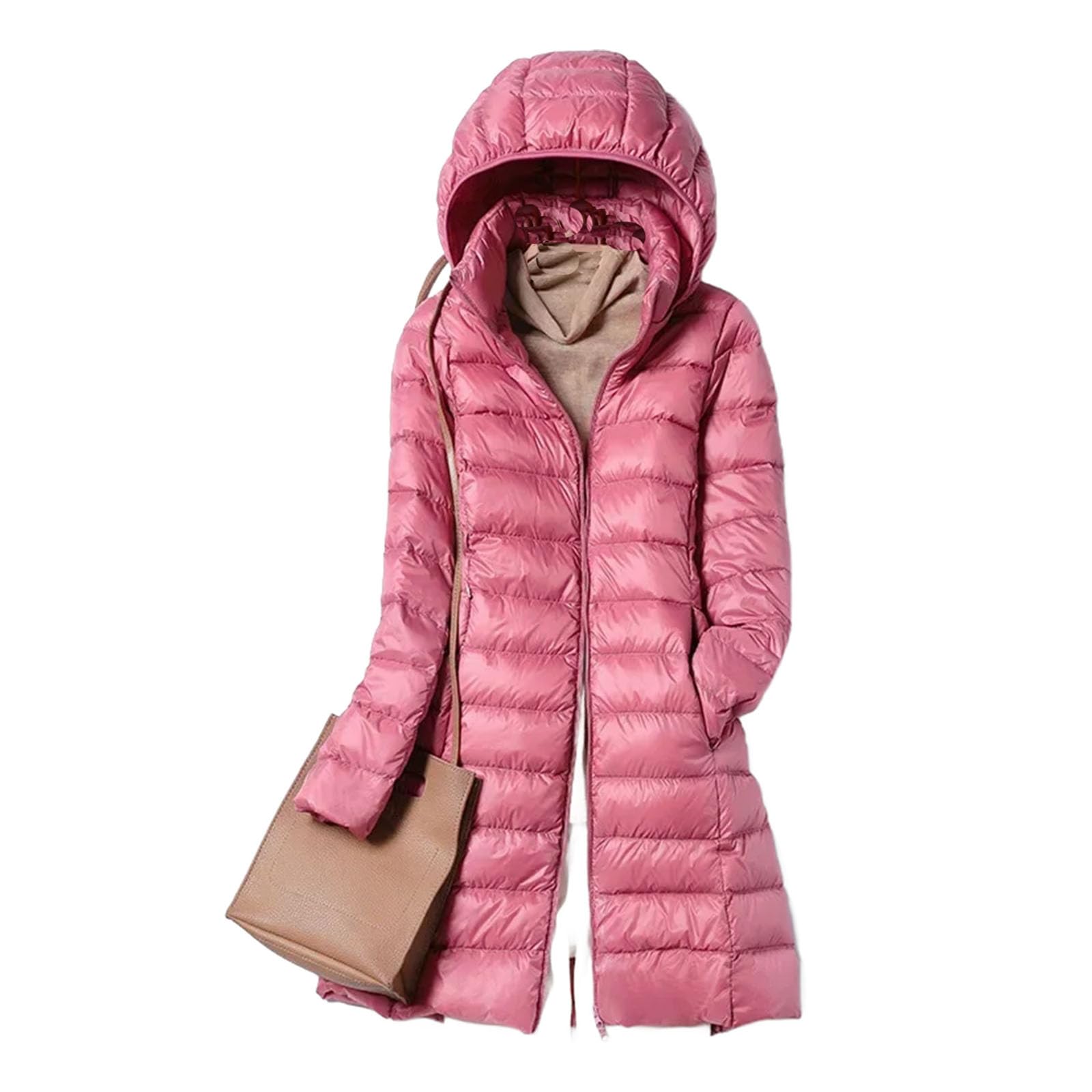 Piumino invernale da donna ultraleggero con cappuccio staccabile pannello elastico arrotolabile, rosa, M