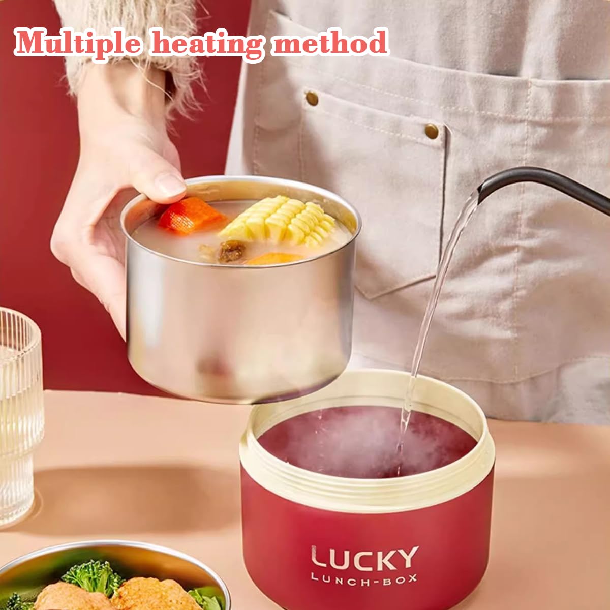 Contenitori per il pranzo isolati portatili, in acciaio inox, bento box, per adulti, con borsa termica per il pranzo, 4 contenitori separati impilabili per adulti, rosso