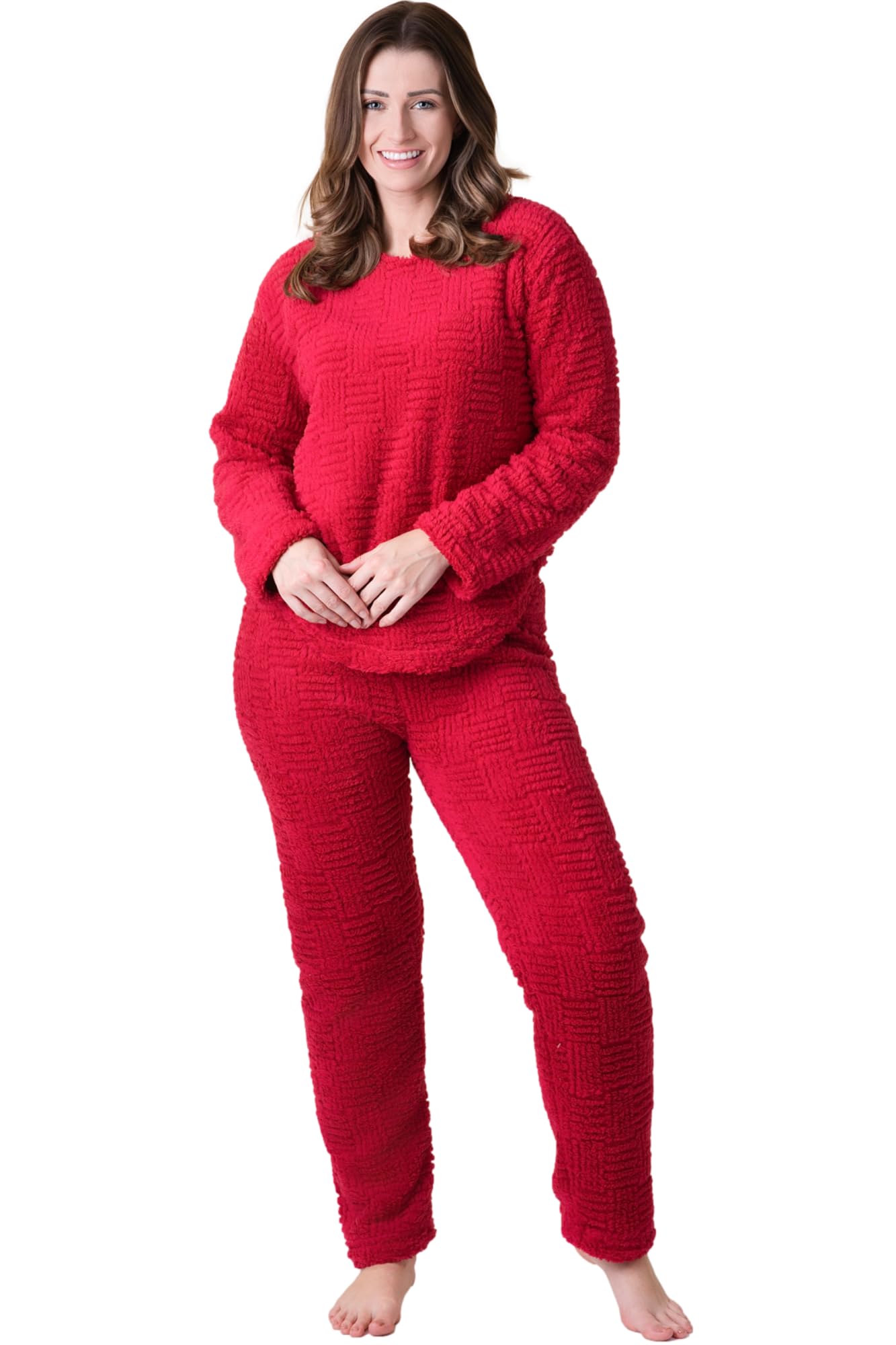 Camille Women's Burgundy Supersoft Textured Woven Pattern Fleece Pyjamas In | Size: 18/20