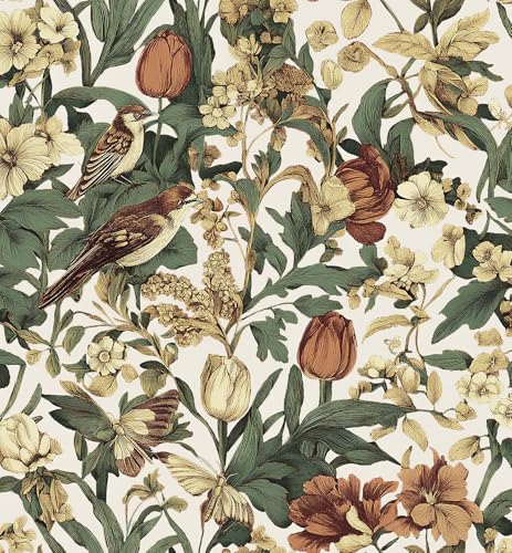 Erfoni 17.3' x118' Floral Birds Wallpaper Vintage Floral Peel and Stick Wallpaper Decoration DIY...
