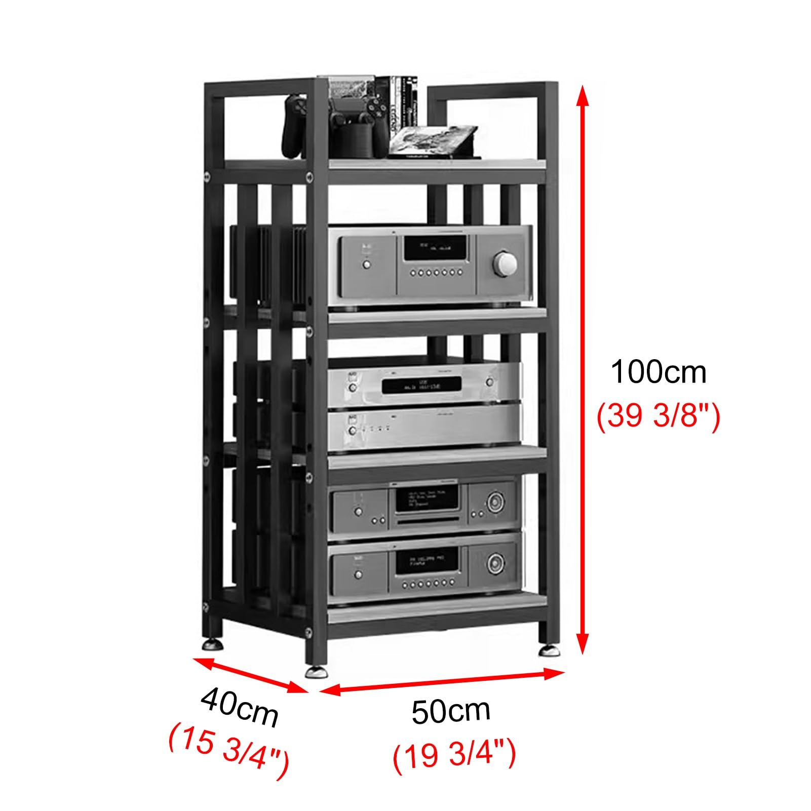 Szafka na sprzęt audio, Stojak HiFi Rack na komponenty audio 4-poziomowy, stojak nośniki wideo do studia, regał sprzęt elektroniczny(Black Frame+wood Board)