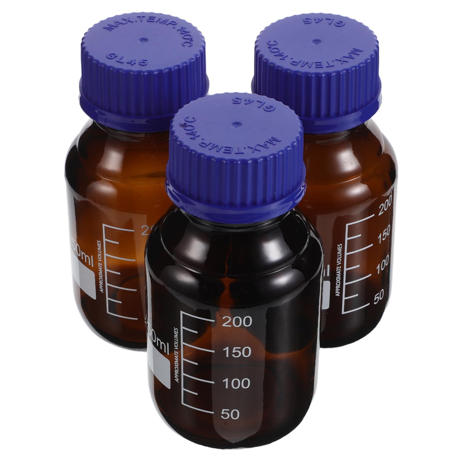 Hohopeti Bouteilles de Laboratoire en Verre Marron 250ml avec Graduation Claire, 3pcs, Stabilité Chimique pour Stockage de Réactifs en Laboratoires Chimiques