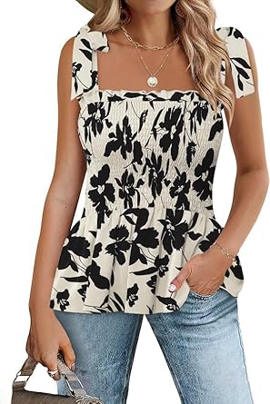 Micoson Ruffle Tank Tops for Women Summer Square Neck Sleeveless Tops Tie Shoulder Chiffon Blouse Babydoll Shirts