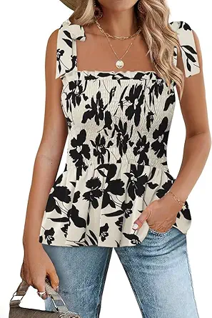 Micoson Ruffle Tank Tops for Women Summer Square Neck Sleeveless Tops Tie Shoulder Chiffon Blouse Babydoll Shirts