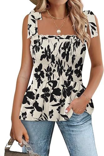 Micoson Ruffle Tank Tops for Women Summer Square Neck Sleeveless Tops Tie Shoulder Chiffon Blouse Babydoll Shirts