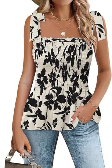 Micoson Ruffle Tank Tops for Women Summer Square Neck Sleeveless Tops Tie Shoulder Chiffon Blouse Babydoll Shirts