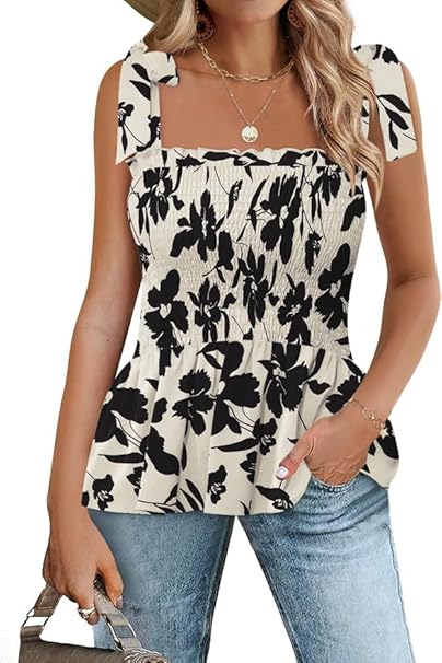 Micoson Ruffle Tank Tops for Women Summer Square Neck Sleeveless Tops Tie Shoulder Chiffon Blouse Babydoll Shirts