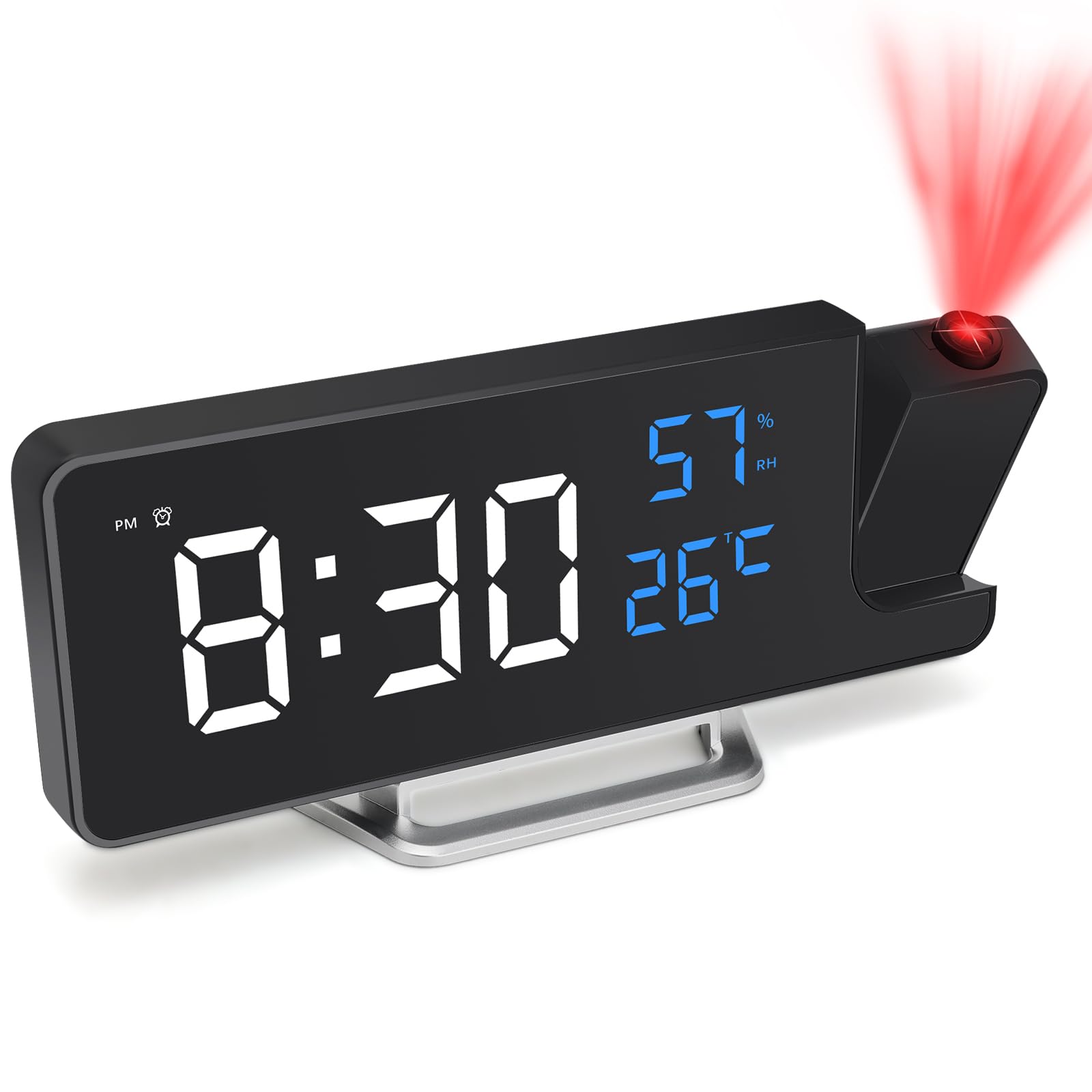 Foyucool Mains Powered Projection Alarm Clock, Alarm Clocks Dedside with Battery Backup, 180° Projector on Ceiling Wall, USB Charger, Snooze, Date Temperature Display, for Bedroom Heavy Sleeper