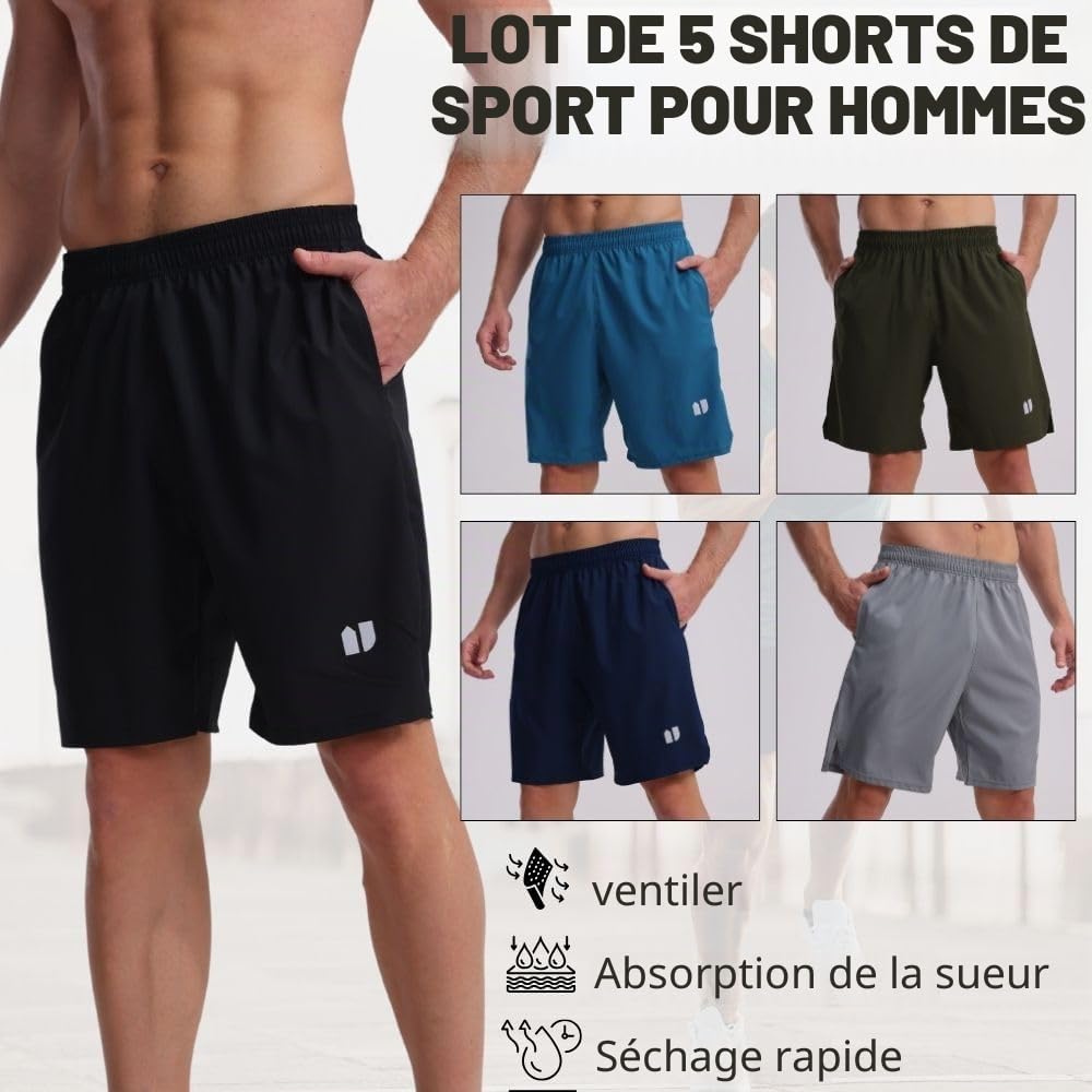 Lot de 5 shorts de course à pied pour homme à séchage rapide pour jogging, shorts de sport pour homme avec poches et taille élastique