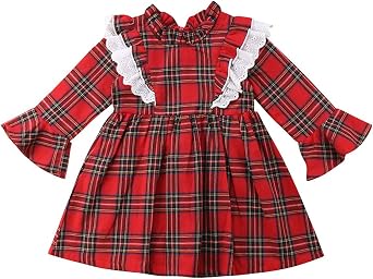 Newborn Kids Baby Girls Red Plaid Clothes Lace Checks Bodysuit Jumpsuit Mini Dress Long Sleeve Casual Clothes 0-6T