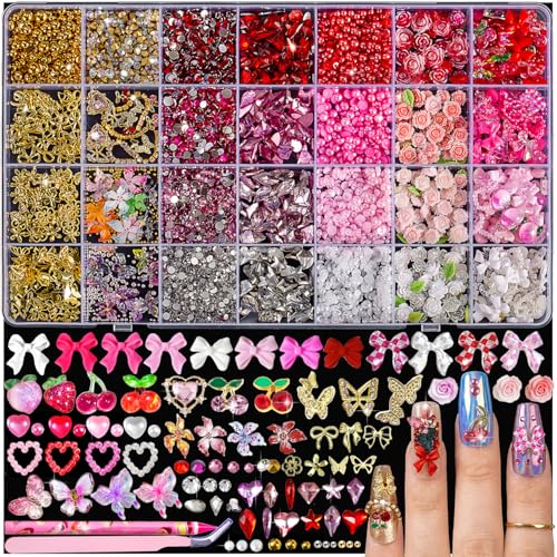 28 Grids Nail Charms Kit with Rhinestones for Nails 3D Kawaii Bows Cherry Flowers Butterfly. Red Pink Gold Nail Gems Pearls & Metal Studs. DIY Manicure Art Supplies with Wax Pen & Tweezers