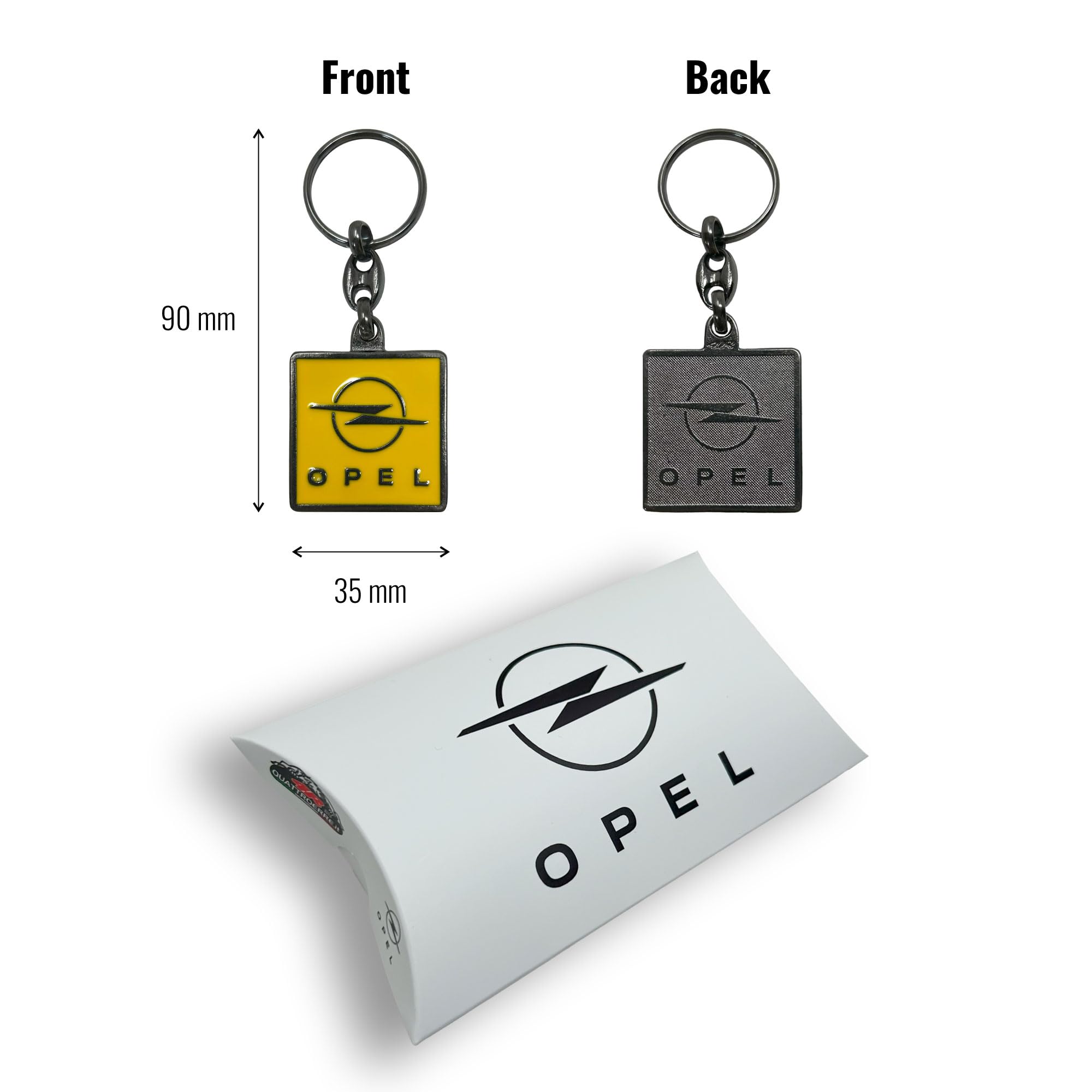 4R Quattroerre.it Brelok samochodowy kompatybilny z Opel, metalowy, wytrzymały i trwały, z zapięciem na pierścień, idealny na prezent, 90 x 35 mm
