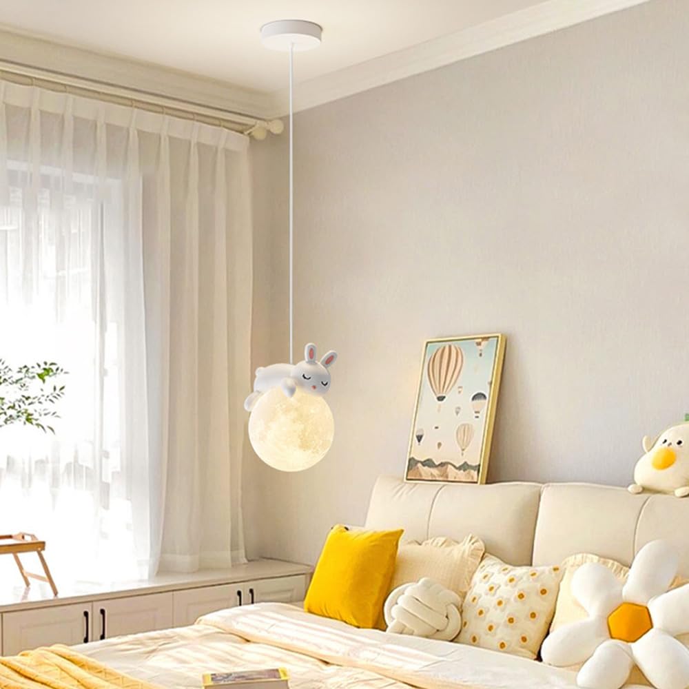 Lampe Suspendue Enfant Fée Lune Et Lapin/ours - Luminaire Mignon G9 Pour Chambre Ou Salle De Jeu