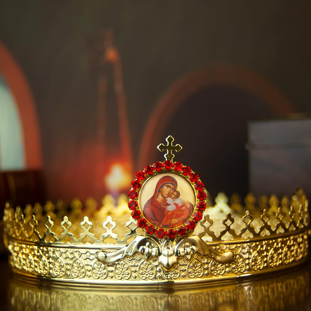 Zestaw ortodoksyjnych koron chrześcijańskich – wykwintna religijna ozdoba na głowę ze stopu cynku z czerwonym i niebieskim dwukolorowym wzorem na ceremonie, wydarzenia kościelne i dekoracje