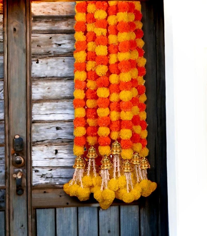 Abhaas Plastic,Cotton Handmade Artificial Marigold Flower Garland Long Genda Phool for Door Decoration Toran Wedding Ganesh Chaturthi Diwali with Bells & Rajnignadha (Y+O Mix 5Ft. / 5 Strings)