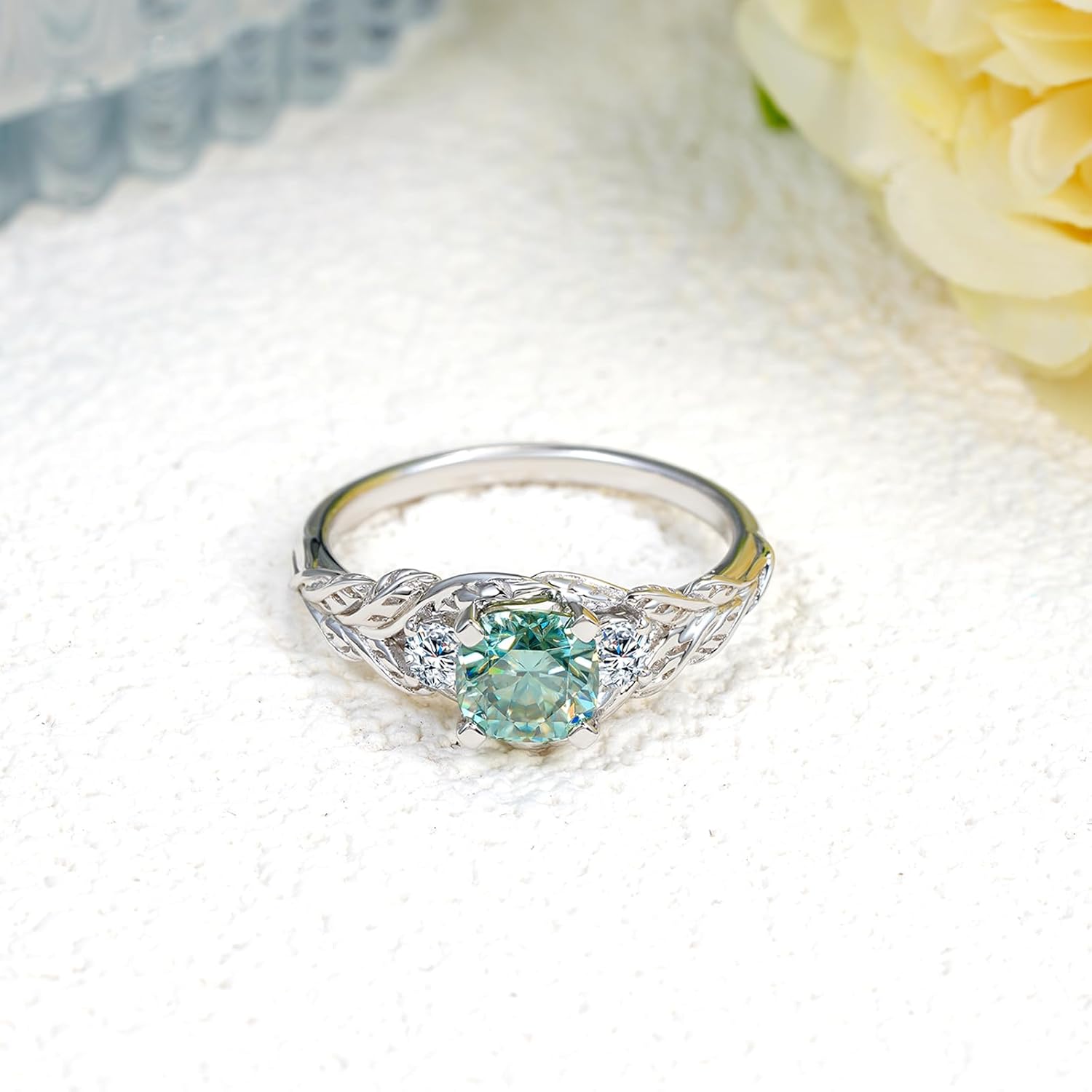 Three Stones Blue-Green Moissanite Engagement Rings for Women,18K White Gold Platinum Plated Cushion Cut Moissanite Wedding Promise Rings S925 Leaf Anniversary Ring Band Jewelry Gift for Her - Image 3