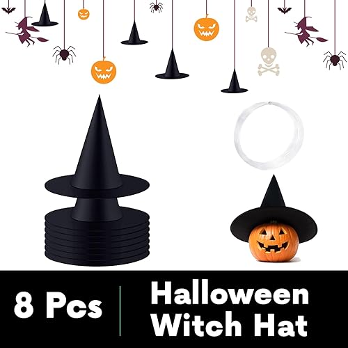 Miniatura 4 de ZeeDix 8 sombreros de bruja de Halloween, sombrero de bruja colgante negro con cuerda colgante de 98 pies, accesorios de disfraz de Halloween,