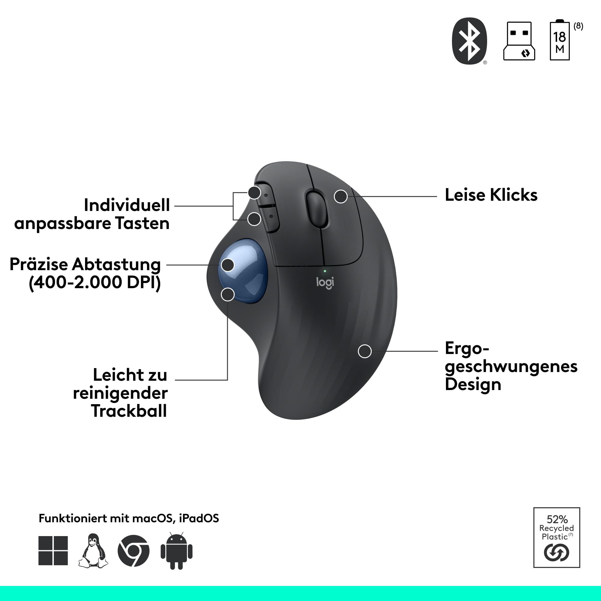 Logitech ERGO M575 For Business kabelloser Trackball – leichte Daumensteuerung, ergonomisches Design, gesichertes Logi Bolt, Bluetooth, weltweit zertifiziert, Windows/Mac/Chrome/Linux – Grafit
