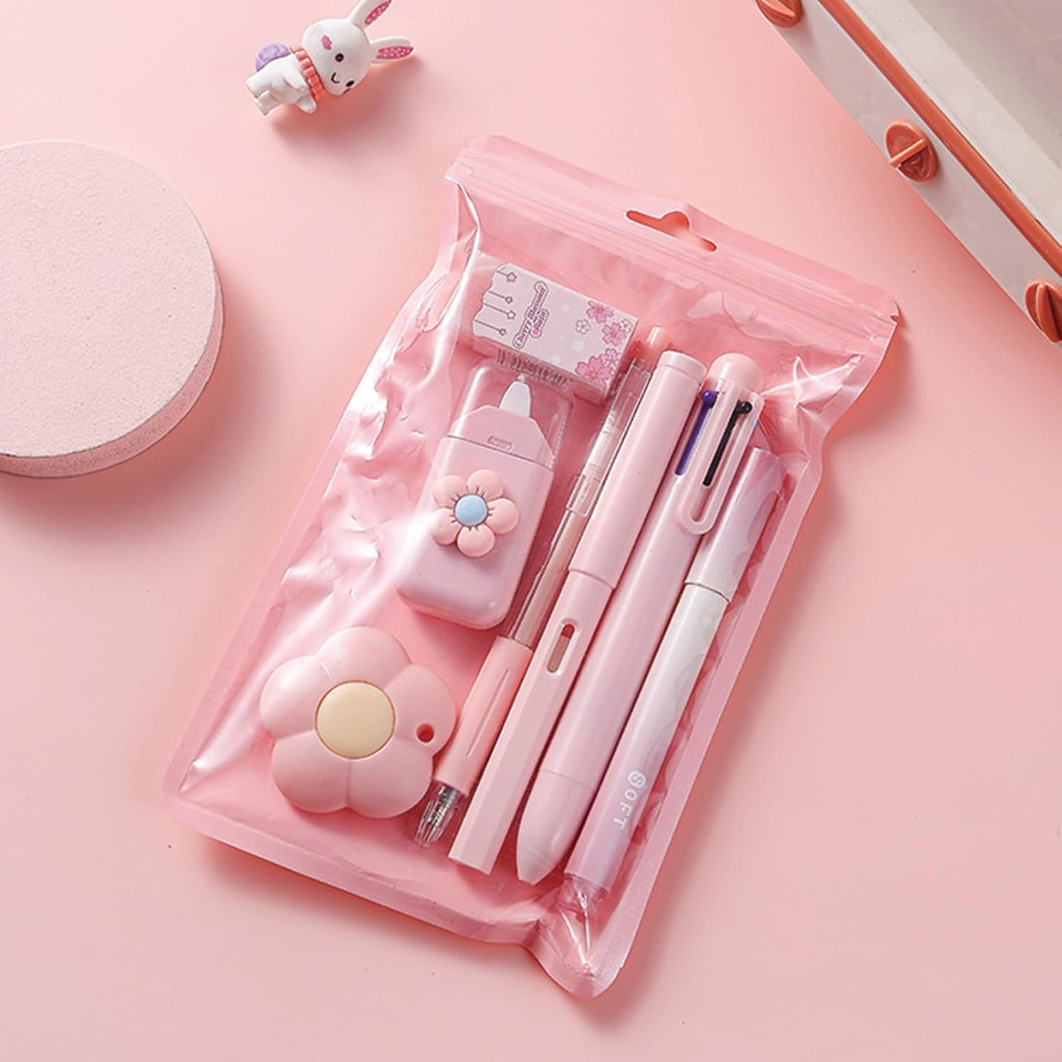 SAMVARDHAN 7 Pcs Cute Purple Stationery Set Kawaii School Supplies Office Supplies Including Ballpoint Pens Pencil Sharpener Highlighter Correction Tape Ruler Utility Knife (Pink)-image-2