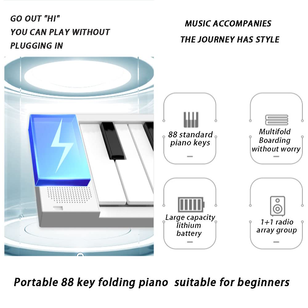 Pianoforte pieghevole a 88 tasti, tastiera portatile pieghevole, per collegare Bluetooth e cuffie, pedale sostenuto, batteria ricaricabile, tastiera elettronica portatile per principianti (bianco)