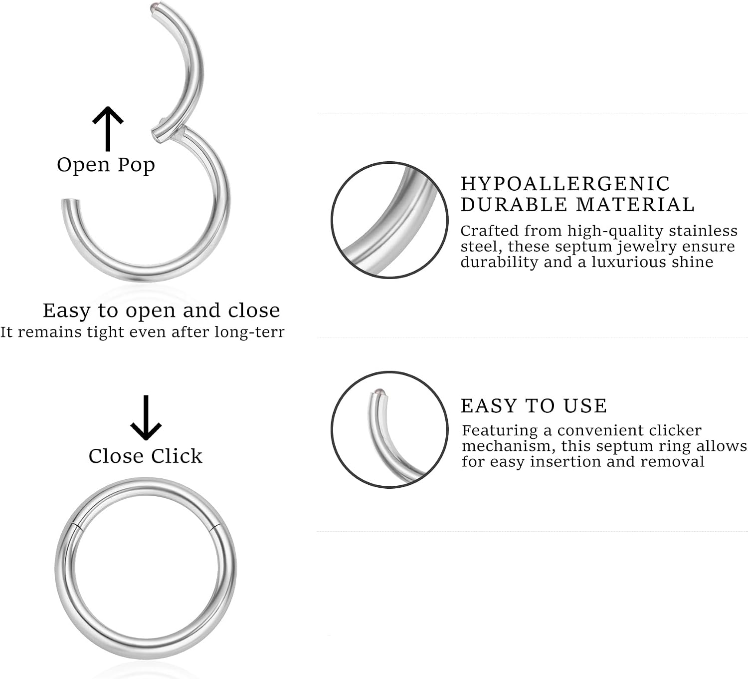 16G 6MM 7MM 8MM 9MM 10MM 12MM Hinged Clicker Septum Rings Pack Surgical Stainless Steel 16 Gauge Nose Ring Daith Rook Tragus Helix Cartilage Conch Hoop Earrings Piercing Jewelry for Women Men