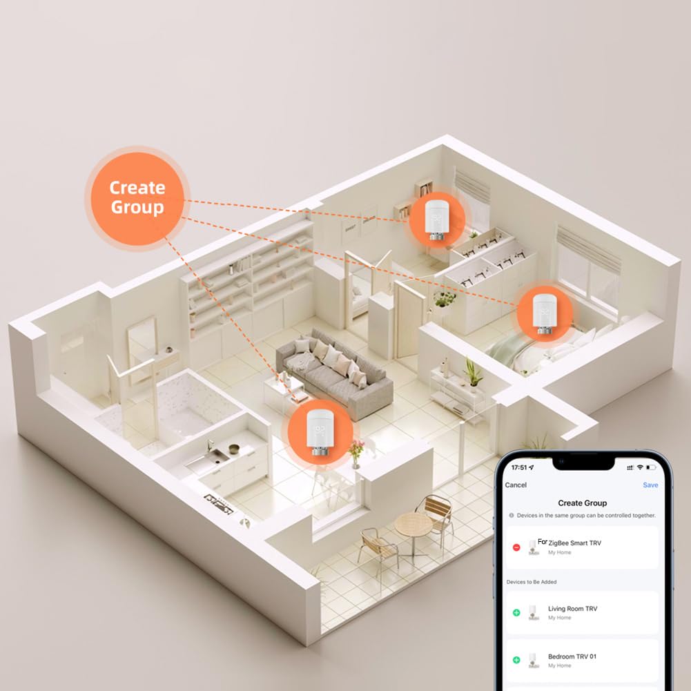 Vanne de Radiateur Thermostatique Intelligente WiFi, Contrôle par Application Smart Life/Tuya, Compatible Alexa & Home, 6 Modes, Programmation, Détection Fenêtre Ouverte, Verrou, passerelle requise