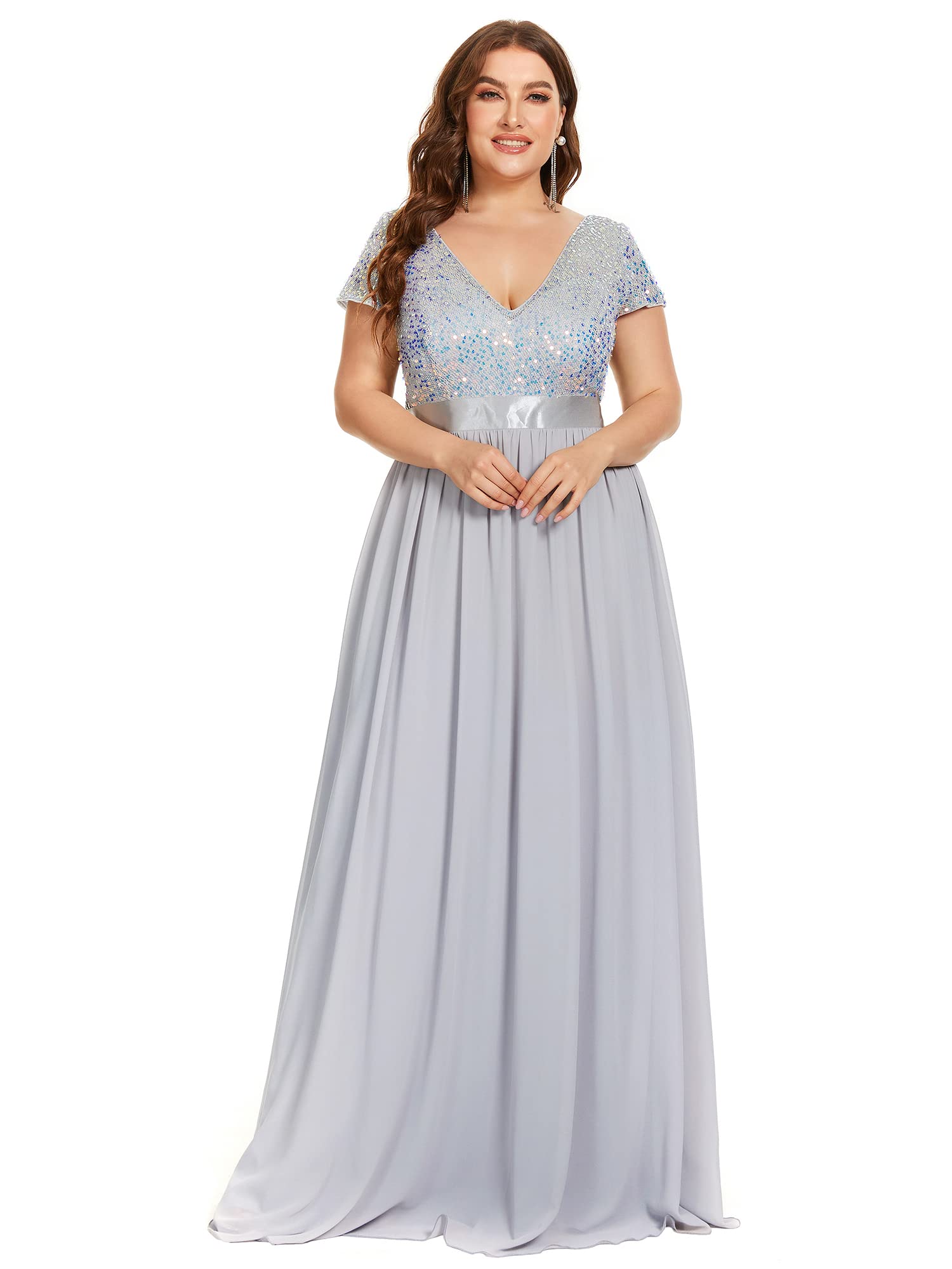 Ever-Pretty Plus Womens Double V-Neck Short Sleeve Sequin A-Line Maxi Chiffon Plus Size Formal Evening Dresses 0150A-DA
