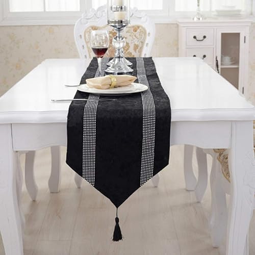 Miniatura 3 de San Tungus Camino de mesa con borlas con tira bilateral de diamantes de imitación para estilo europeo moderno, 13 x 72 pulgadas, color negro