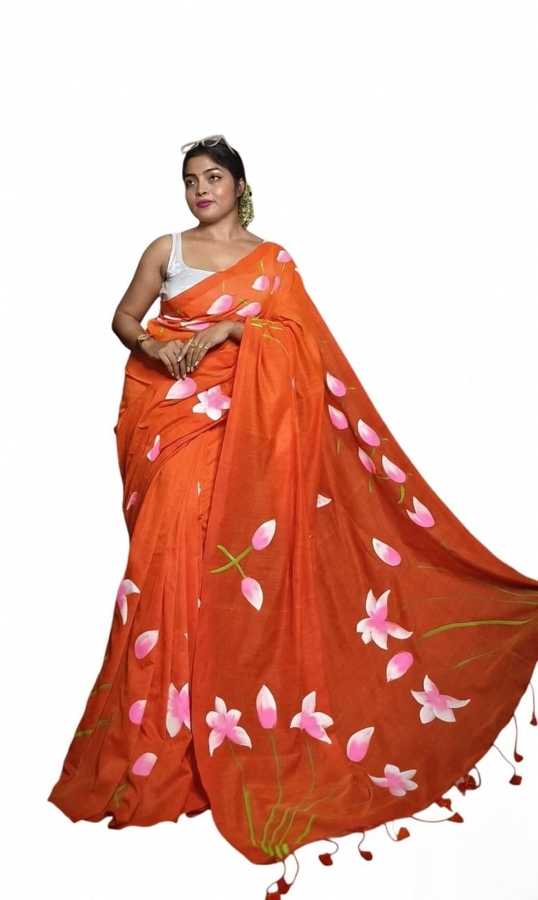 Hand Painted Pure Khadi Cotton Saree, Purple with Lotus Design-picture-37