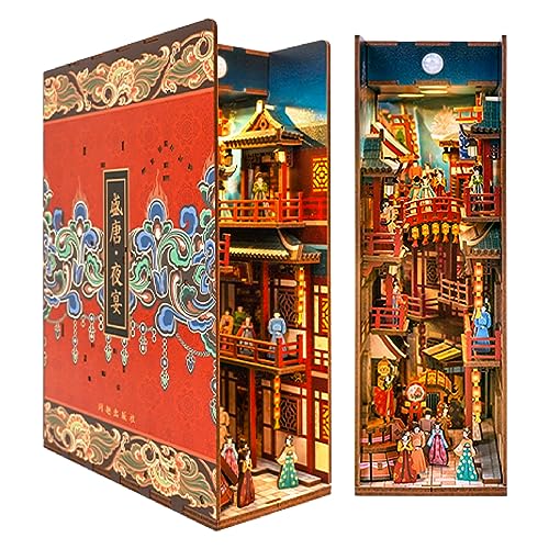 Image of Tonecheer DIY Book Nook Kit for Adults, 3D Wooden Puzzle Bookend Bookshelf Insert Decor, Chinese Booknook Miniature House Kit with Body Motion Sensor LED Light (The Banquet of Tang Dynasty)