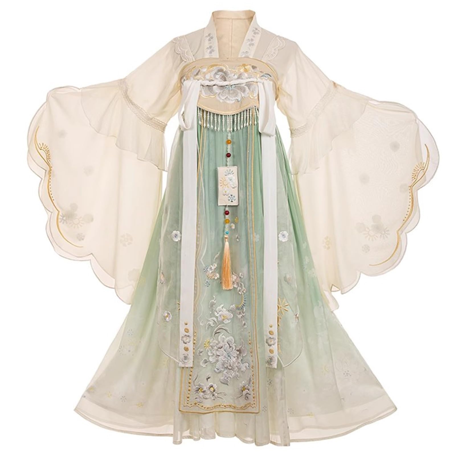 Hanfu Femme – Robe Fée Style Chinois – Mousseline – Beige Et Vert – Cosplay Et Déguisement