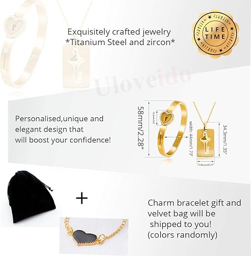 Miniatura 7 de Uloveido Collar con dije de llave de escudo y pulsera con candado para niñas, niños, pareja, collar, pulsera para hombres y mujeres, regalo