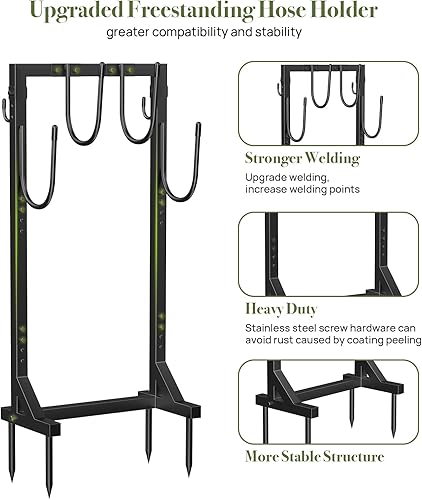Miniatura 2 de Winpull Soporte para manguera de jardín con 4 picos, soporte de manguera independiente para exteriores, resistente, 6 ganchos, manguera de jardín de