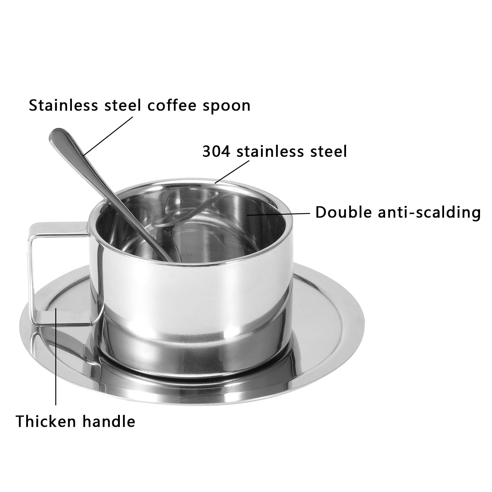 Alvinlite Juego de Tazas de café Taza de café de Doble Pared de Acero Inoxidable con platillo Taza Cuchara Mango Plata Taza
