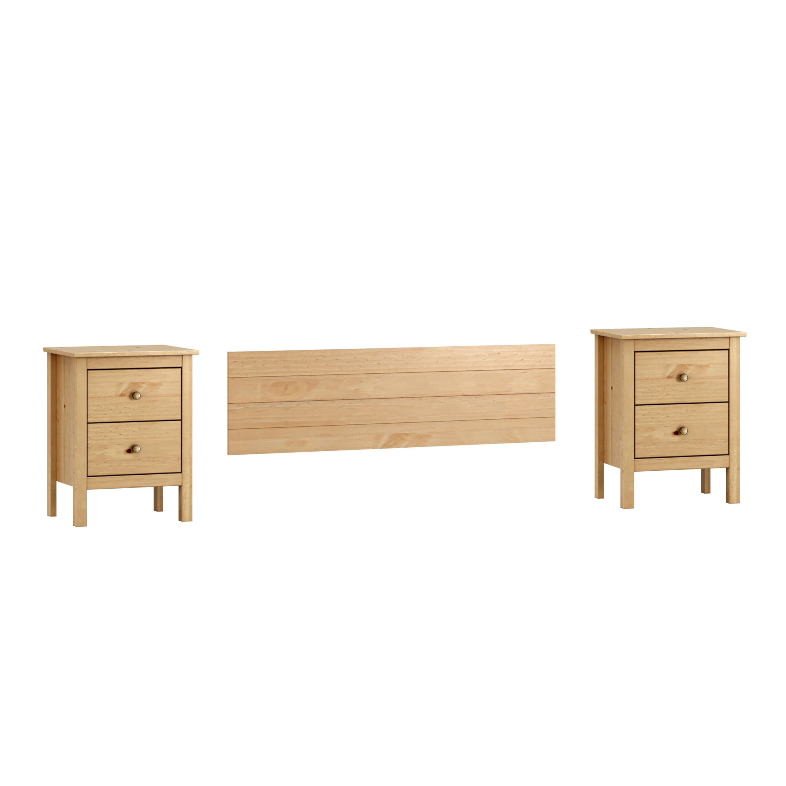 Buyqualia Conjunto de cabecero y Dos mesitas de Noche de Dos cajones en Madera Maciza (Natural)