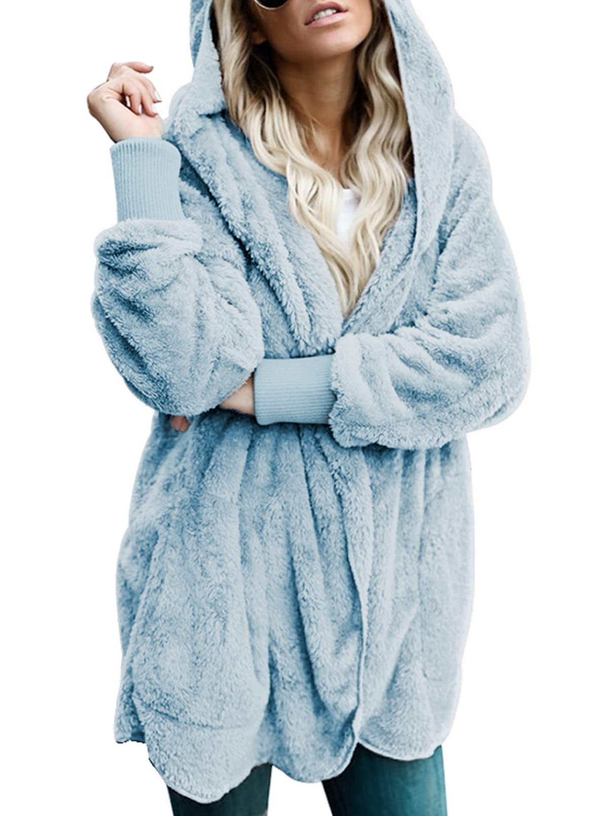 Dokotoo Womens 2025 Winter Long Sleeve Solid Fuzzy Fleece Open Front Hooded Cardigans Jacket Coats Outerwear with Pocket